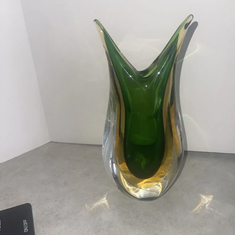 Vtg Murano Art Glass Sommerso Vase Fish Tail Italy 8” Green Vero SRL Cert 2 lb